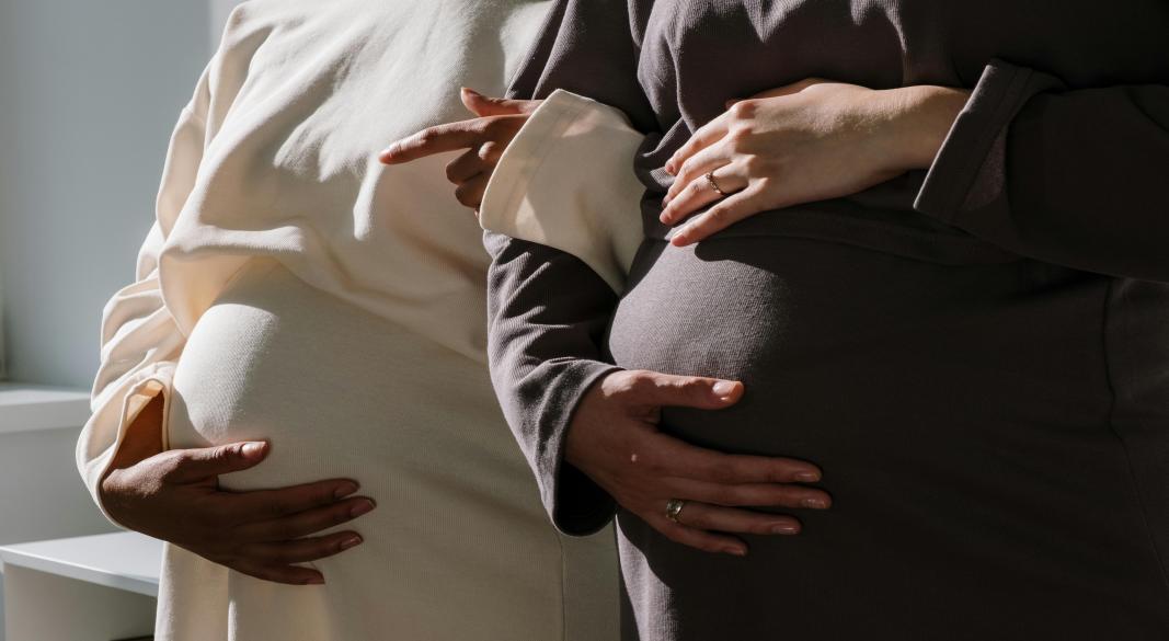 Two pregnant women standing side by side holding their baby bumps, representing maternal health and the impact of rising temperatures on pregnancy outcomes.