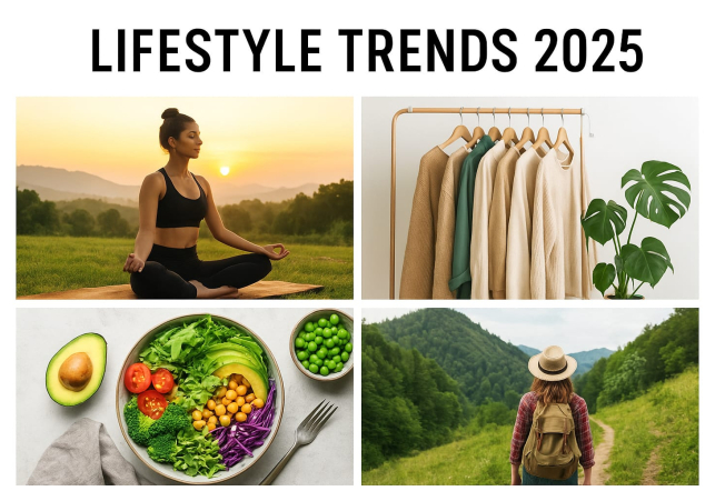 A collage representing lifestyle trends in 2025, featuring a woman doing yoga outdoors, sustainable clothing on a rack, a healthy plant-based meal bowl, and a traveler walking through a scenic green l